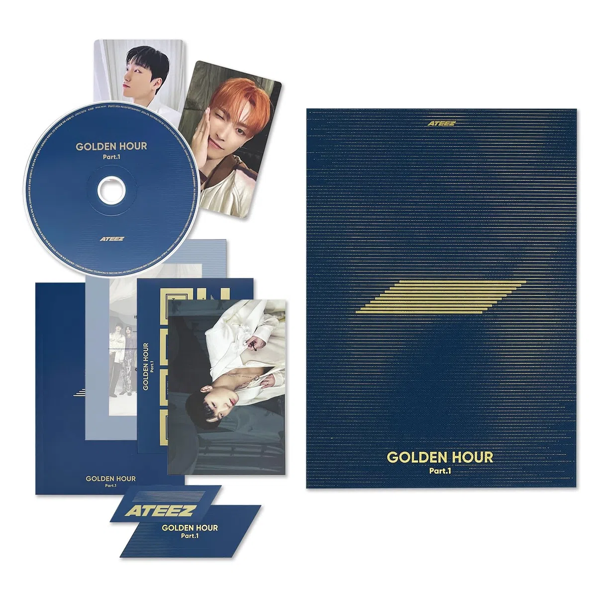 ATEEZ - [GOLDEN HOUR : Part.1] (BLUE HOUR Ver.) Invitation + Photo Frame + Postcard Set + Envelope + Photobook + Postcard + Photocard + Sticker + Bookmark + Disc + 2 Pin Badges + 4 Extra Photocards
