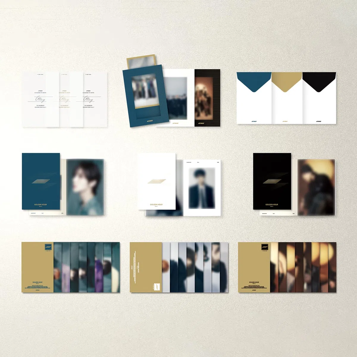 ATEEZ - [GOLDEN HOUR : Part.1] (BLUE HOUR Ver.) Invitation + Photo Frame + Postcard Set + Envelope + Photobook + Postcard + Photocard + Sticker + Bookmark + Disc + 2 Pin Badges + 4 Extra Photocards