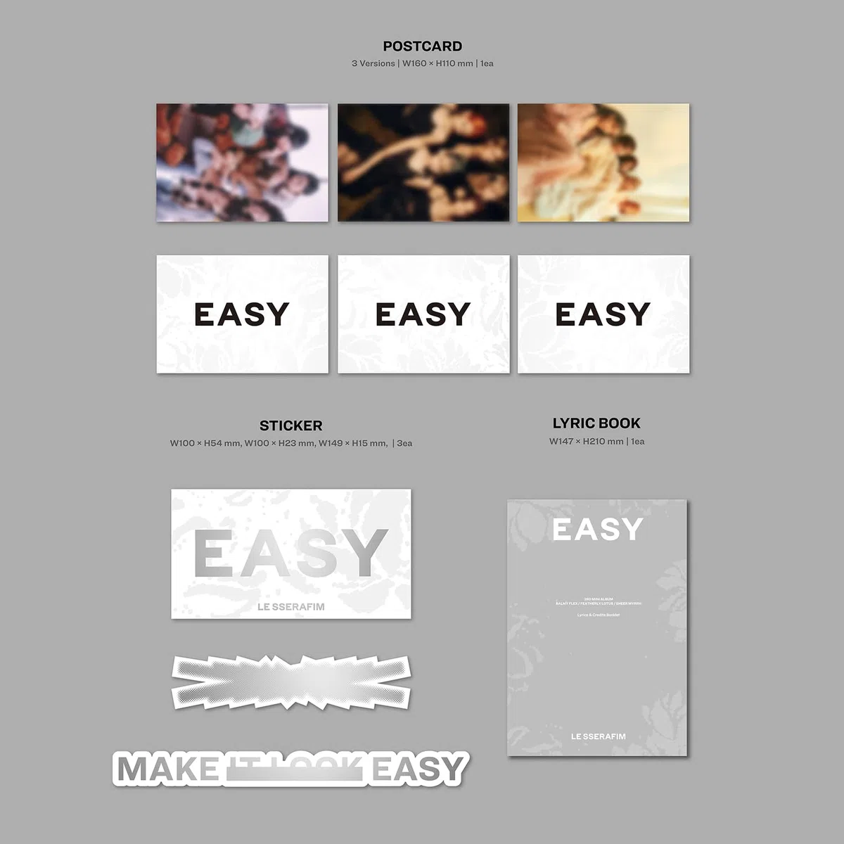 LE SSERAFIM - 3rd Mini Album [EASY] (Photobook Ver. - Vol.3 SHEER MYRRH) Outer Box let Photocard + Postcard + Sticker + Folding Poster + Lyric 2 Pin Badges + 4 Extra Photocards