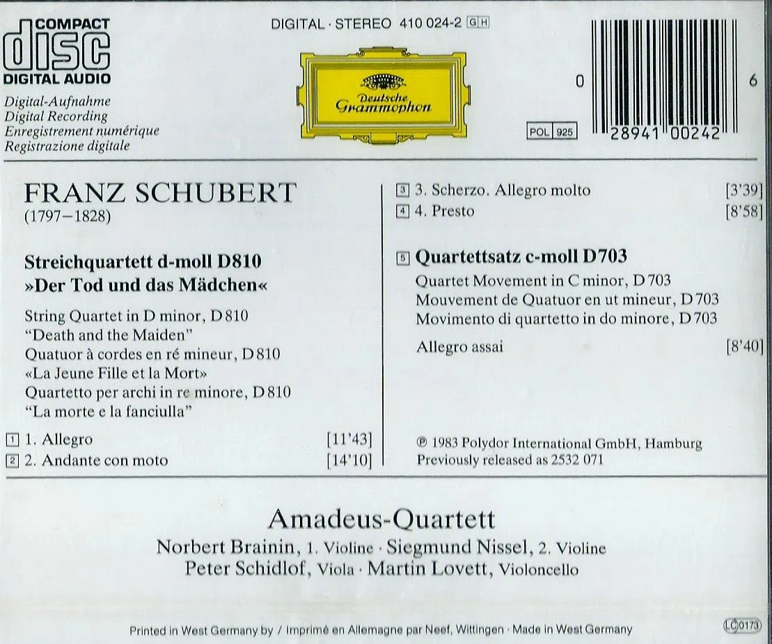 Schubert : Quatuor à cordes, D8 La Jeune Fille et la Mort" ~ Quartettsatz, D703