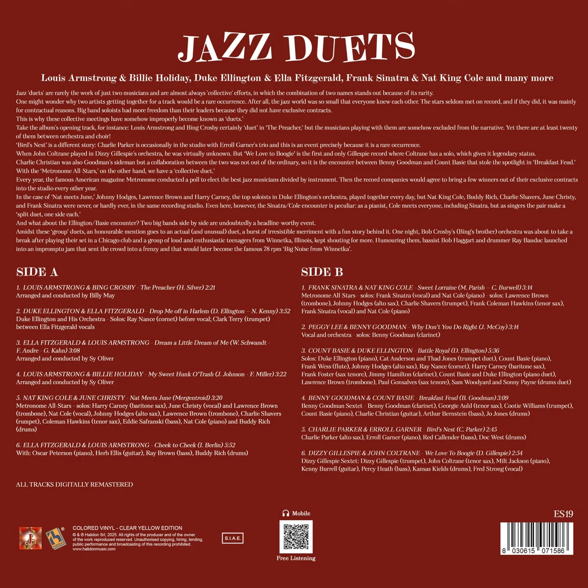 Jazz Duets Vinyle Coloré, Louis Armstrong & Billie Holiday, Duke Ellington & Ella Fitzgerald, Frank Sinatra & Nat King Cole