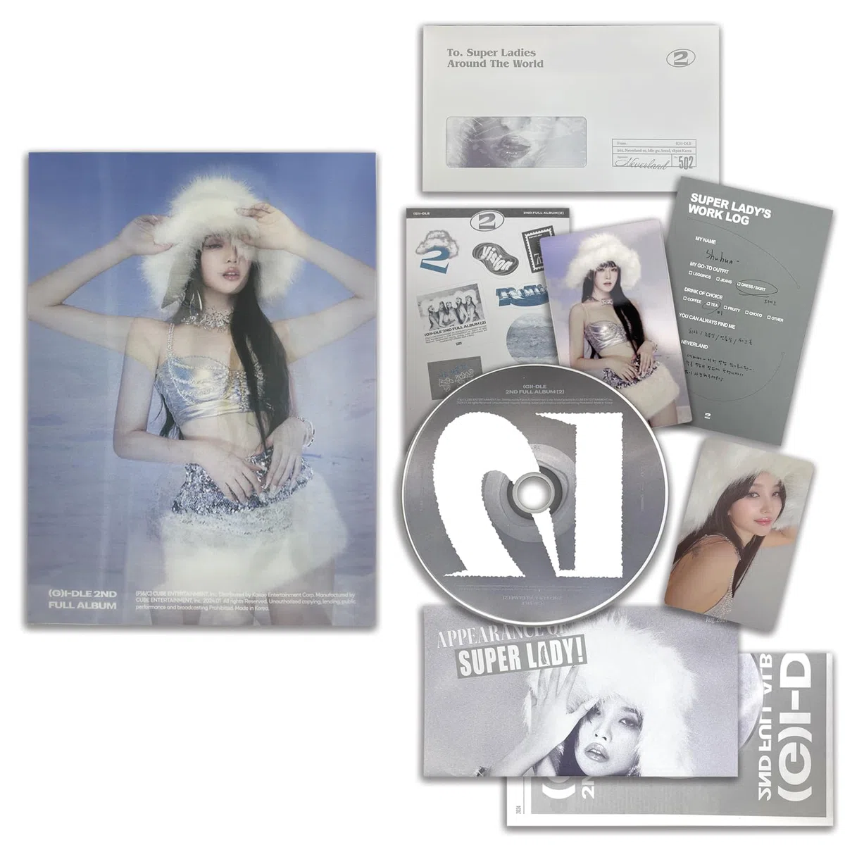 (G) I-DLE - 2nd Full Album [2] (1 Ver.) Booklet + Lyric Paper + Mini Poster + CD-R + Photo Card + Film Photo Card + Message Card + Sticker + 2 Pin Badges + 4 Extra Photocards