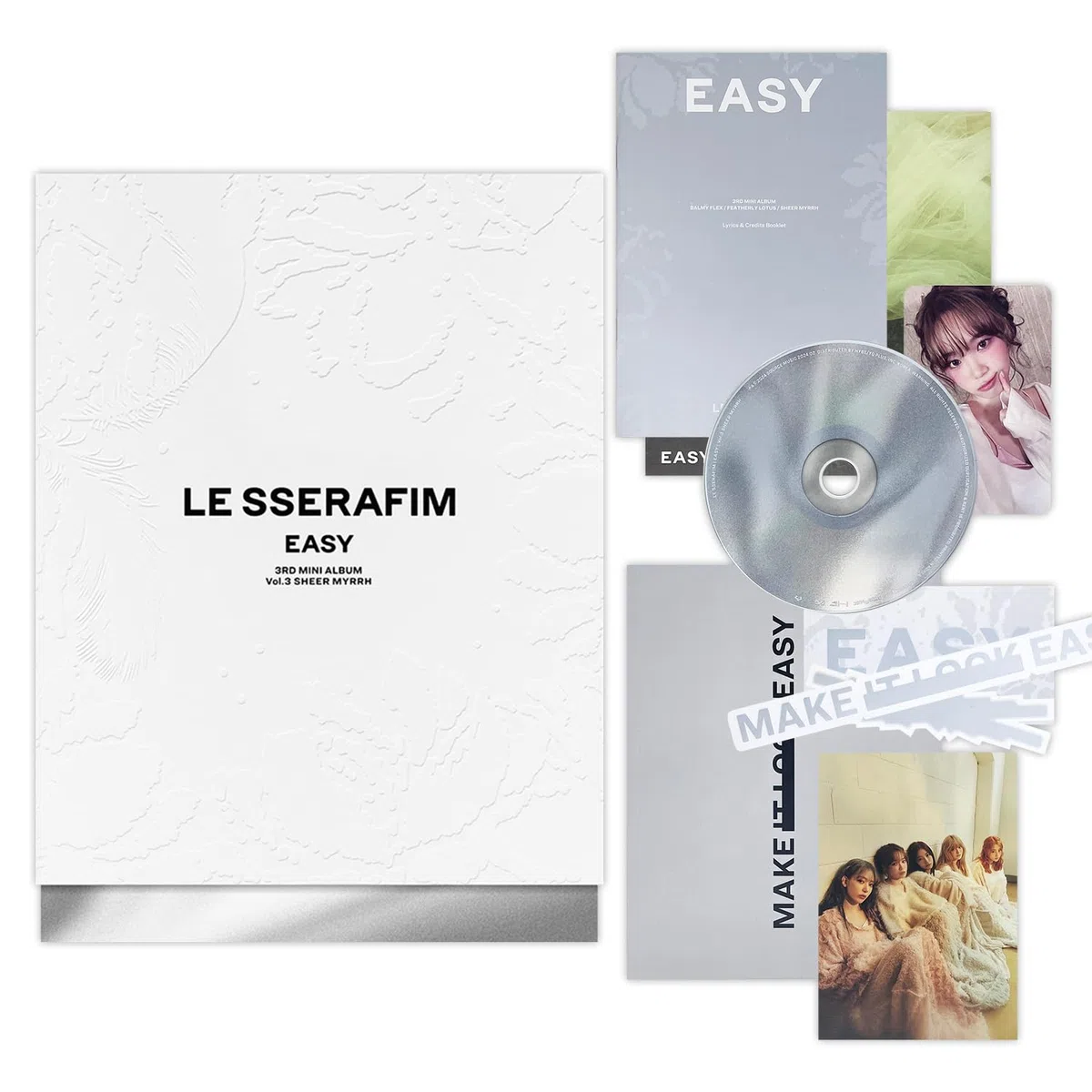 LE SSERAFIM - 3rd Mini Album [EASY] (Photobook Ver. - Vol.3 SHEER MYRRH) Outer Box let Photocard + Postcard + Sticker + Folding Poster + Lyric 2 Pin Badges + 4 Extra Photocards