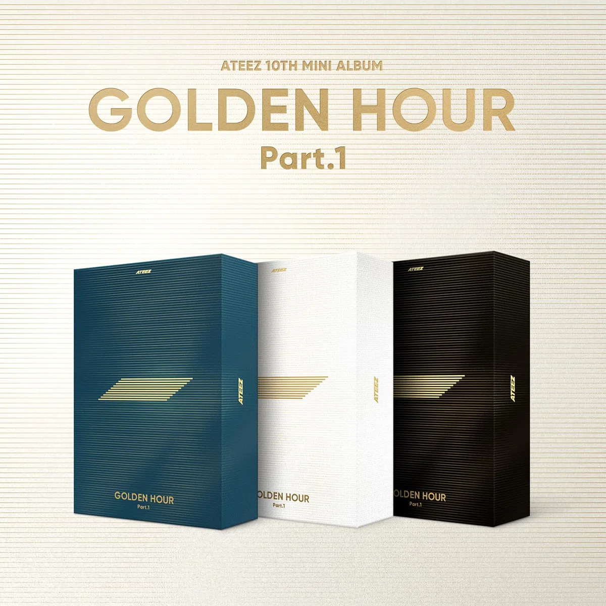 ATEEZ - [GOLDEN HOUR : Part.1] (BLUE HOUR Ver.) Invitation + Photo Frame + Postcard Set + Envelope + Photobook + Postcard + Photocard + Sticker + Bookmark + Disc + 2 Pin Badges + 4 Extra Photocards