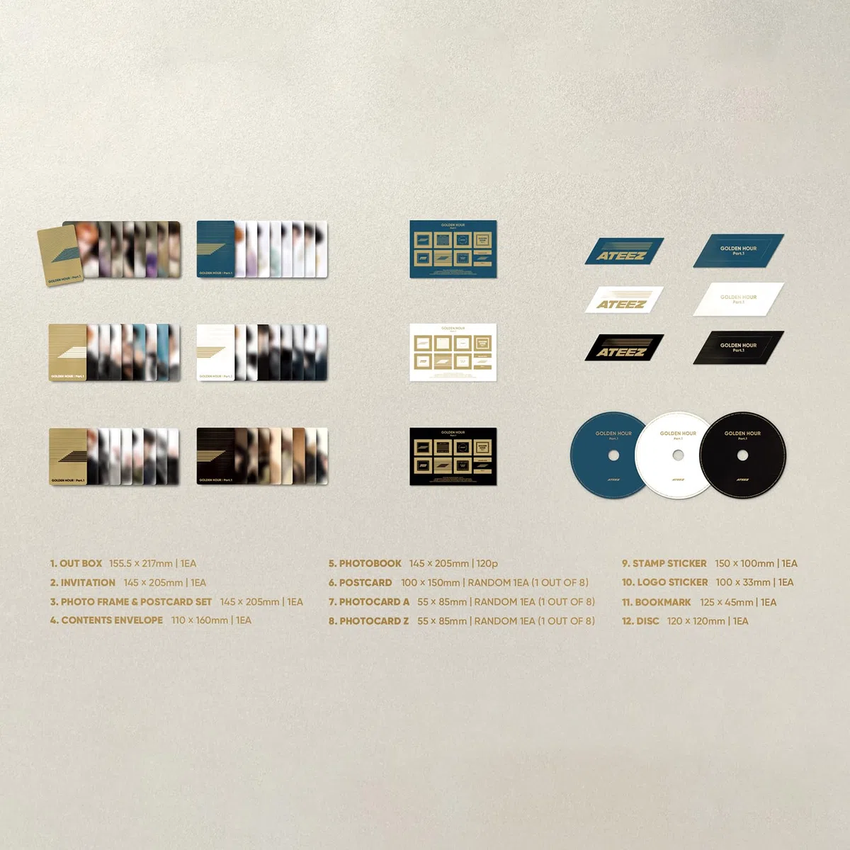ATEEZ - [GOLDEN HOUR : Part.1] (BLUE HOUR Ver.) Invitation + Photo Frame + Postcard Set + Envelope + Photobook + Postcard + Photocard + Sticker + Bookmark + Disc + 2 Pin Badges + 4 Extra Photocards