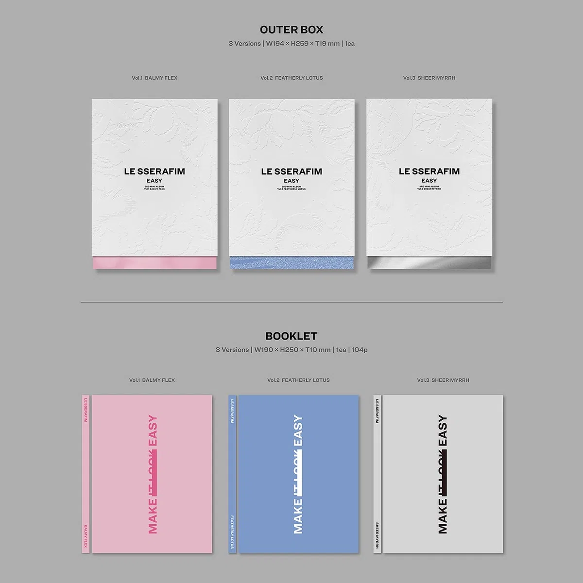 LE SSERAFIM - 3rd Mini Album [EASY] (Photobook Ver. - Vol.3 SHEER MYRRH) Outer Box let Photocard + Postcard + Sticker + Folding Poster + Lyric 2 Pin Badges + 4 Extra Photocards